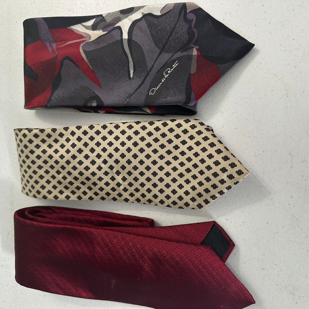 Oscar de la Renta Oleg Cassini Mens‎ Designer Tie Lot of 3 Burgundy Abstract Tan